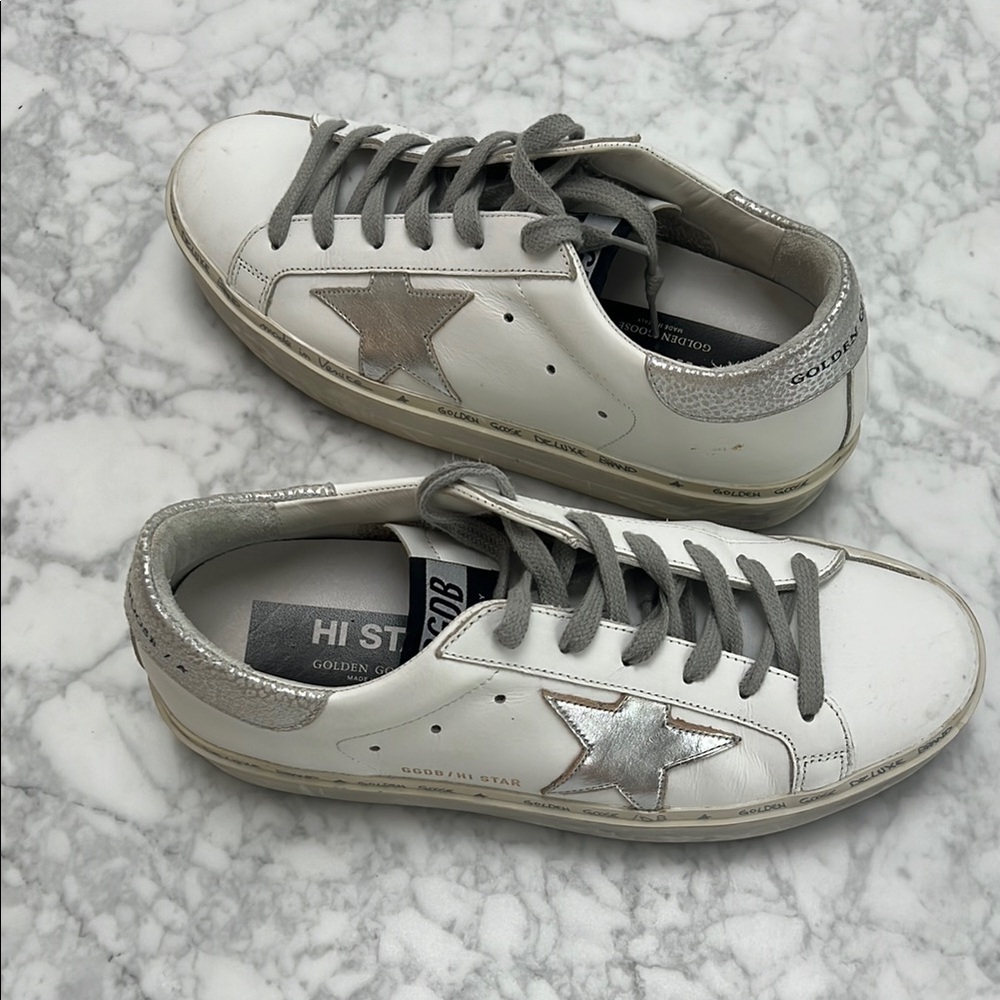 Golden Goose White and Silver Star Sneakers